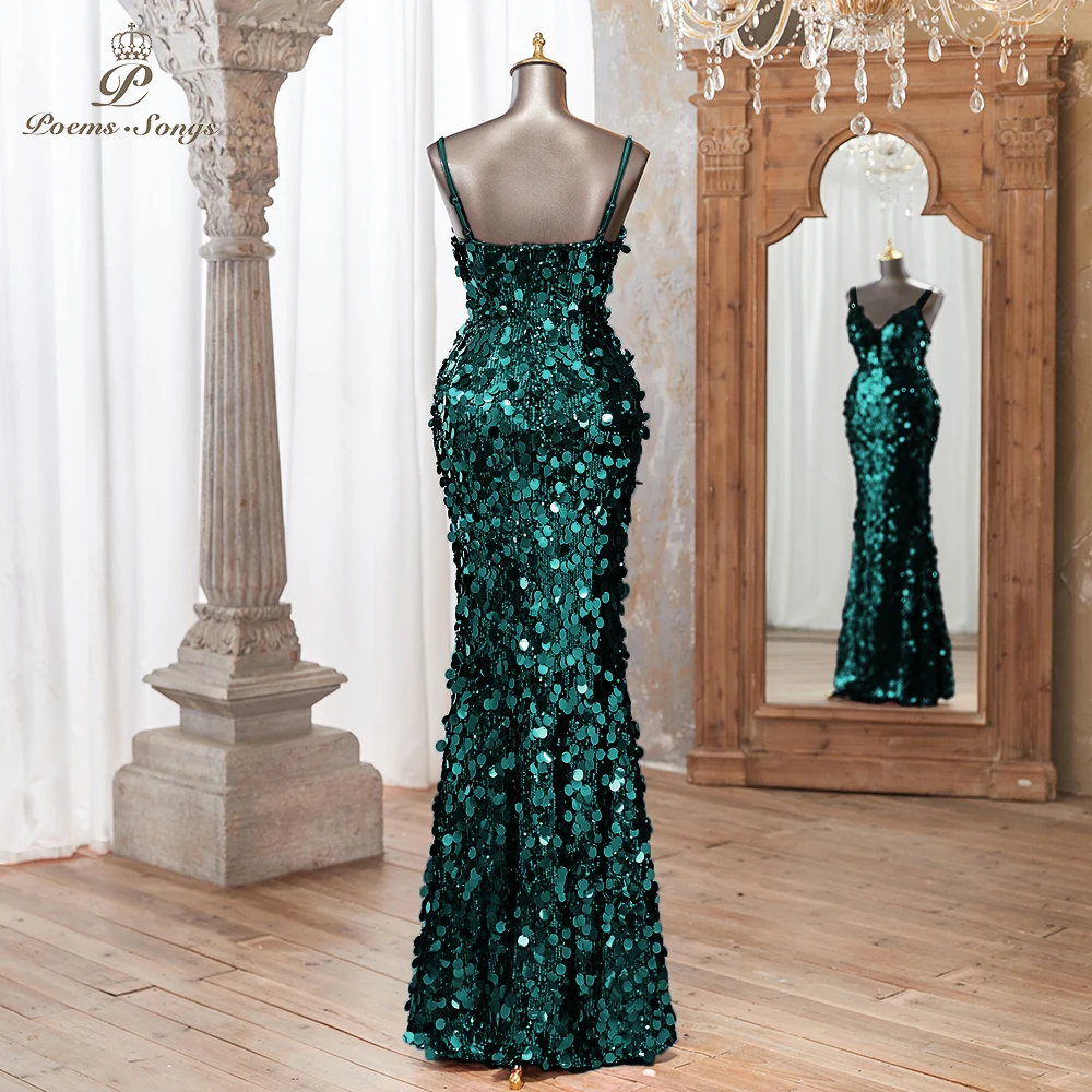 Gorgeous Green Sequin Mermaid Evening Dress V-Neck Spaghetti Strap vestidos de noche Elegant Formal Wear for Special Occasion