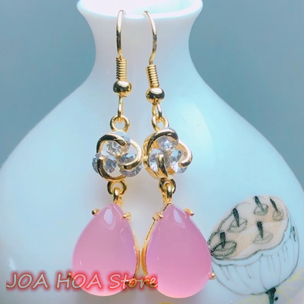 

Elegance Noble Lady Jewelry Inlaid Natural Chalcedony Agate Earring Red White Pink Jade Women Ear Chain