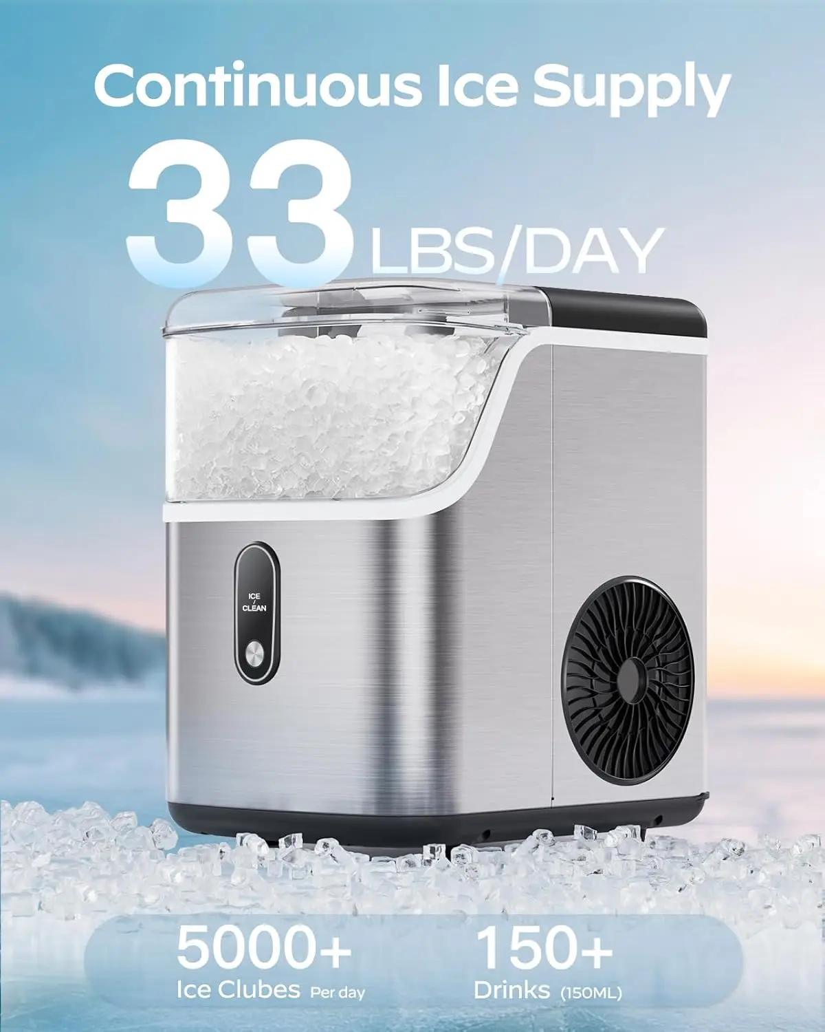 HOMEZAY Pebble Ice Maker with Soft Chewable Pellet Ice, 33 lbs per Day, Compact Ice Machine with Self-Cleaning & LED Indicator f