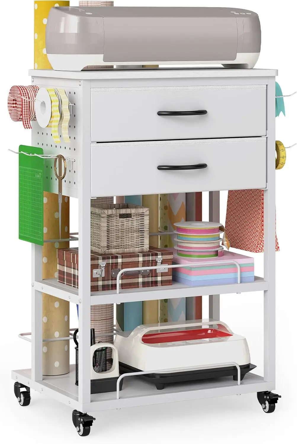 تخزين ورق التغليف، تخزين تغليف الهدايا الدوارة مع درجين من القماش، منظمات الحرف اليدوية والتخزين مع حقيبة هدايا شريطية، جديد