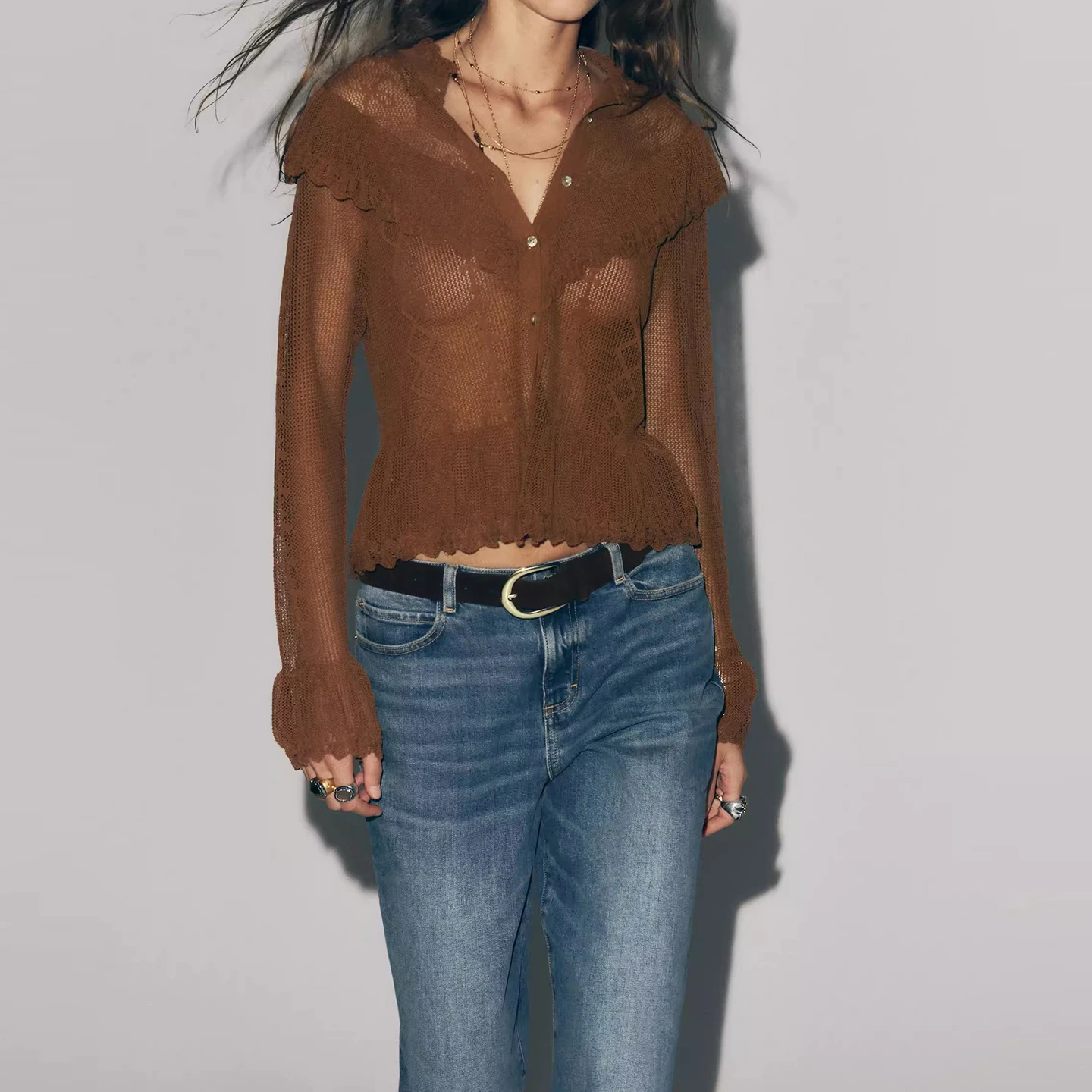 Jaket Rajut Kerah Tinggi Wanita Model Romantis, Potongan Stand Fit, Lengan Panjang, Kancing Depan, Musim Gugur 2025 Terbaru...