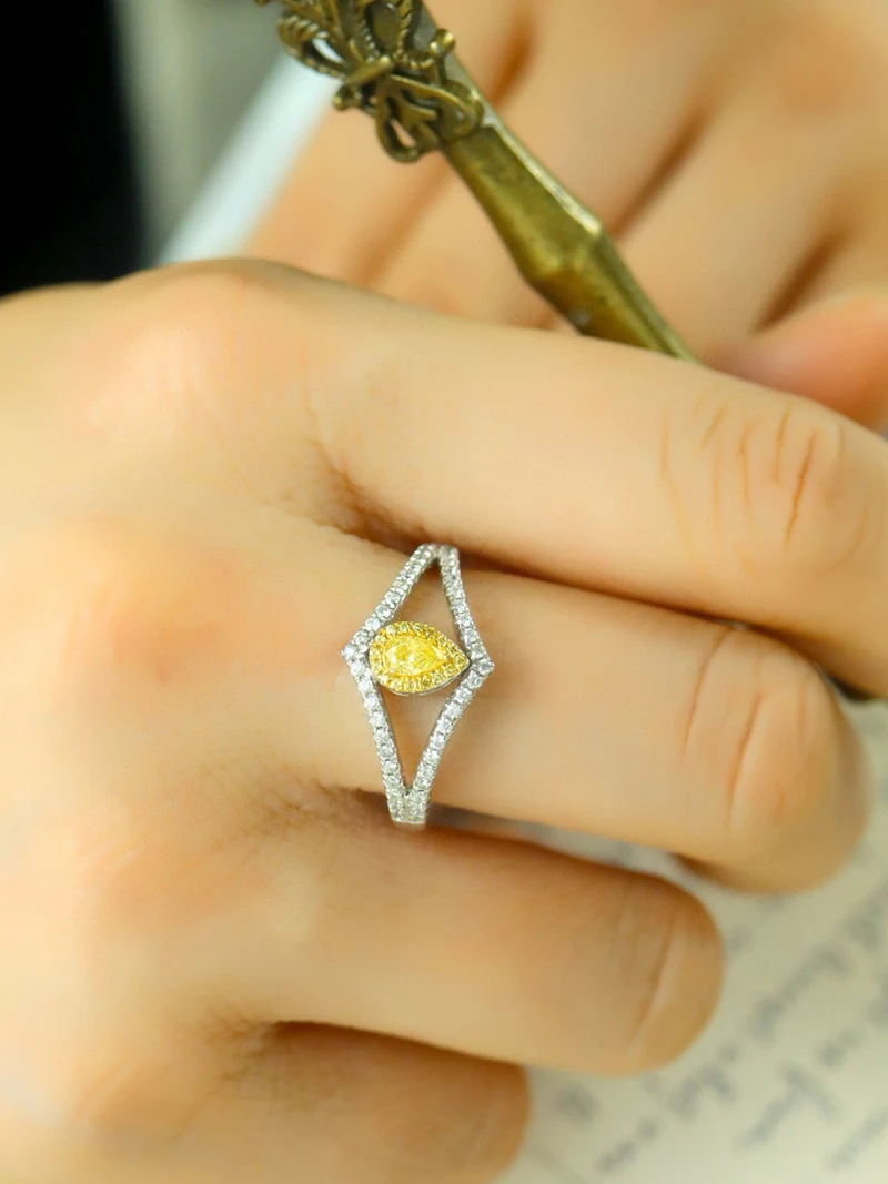 KUGG 100% 18K White Gold Rings Real Natural Yellow Diamond Engagement Ring for Women Luxury Elegant Style High Wedding Jewelry