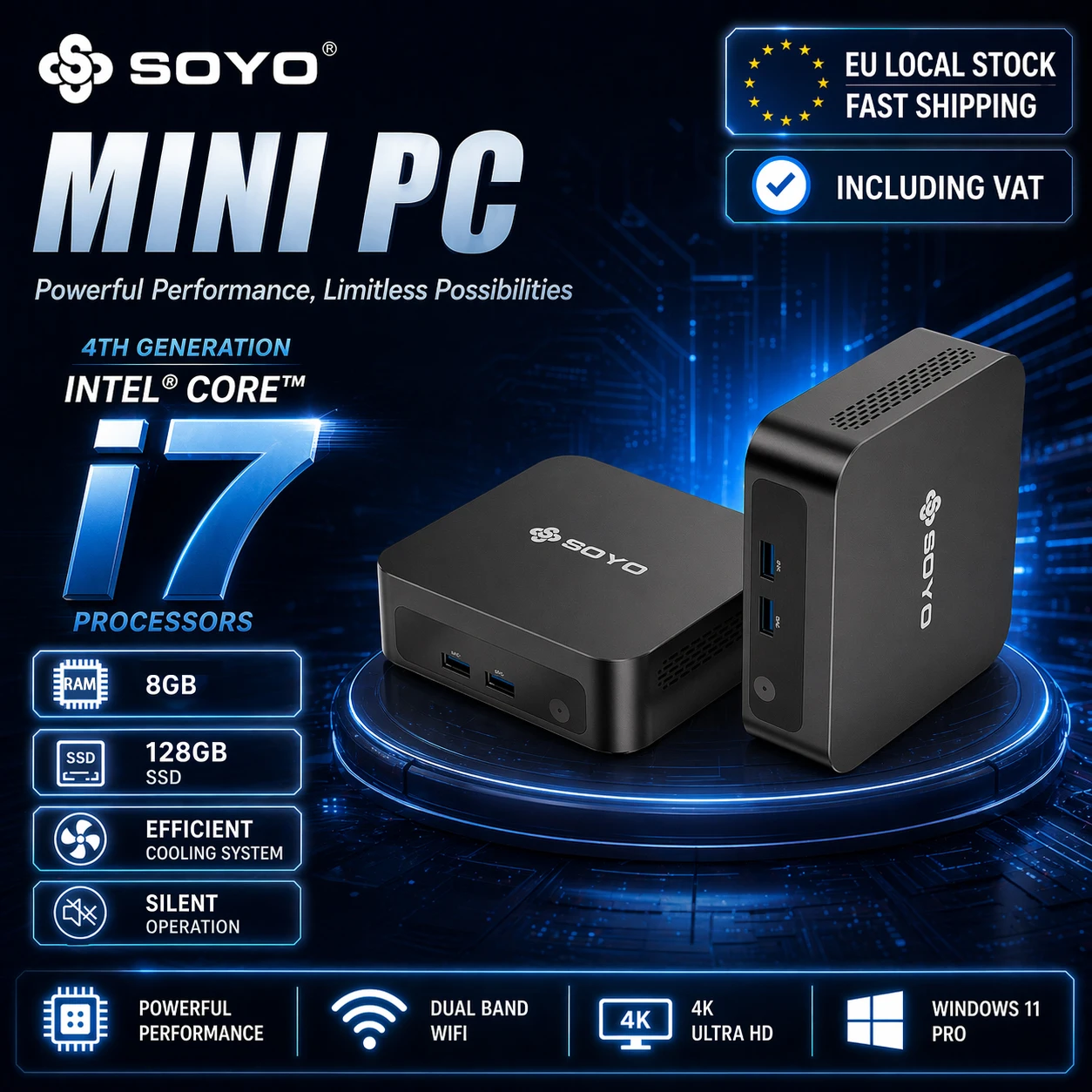 SOYO Y5 Plus Mini-PC Intel Core i7-4650U Prozessor 8 GB RAM 128 GB SSD Windows 11 PRO Bluetooth WIFI5 Display Mini-Computer
