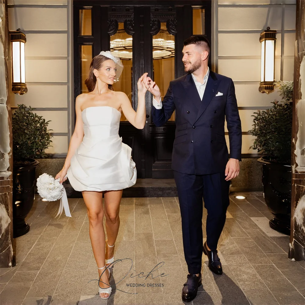 QICHE-vestido De novia corto De satén moderno, corte en A, plisado, espalda abierta, sin tirantes, sin mangas, para fiesta, personalizado, 2026