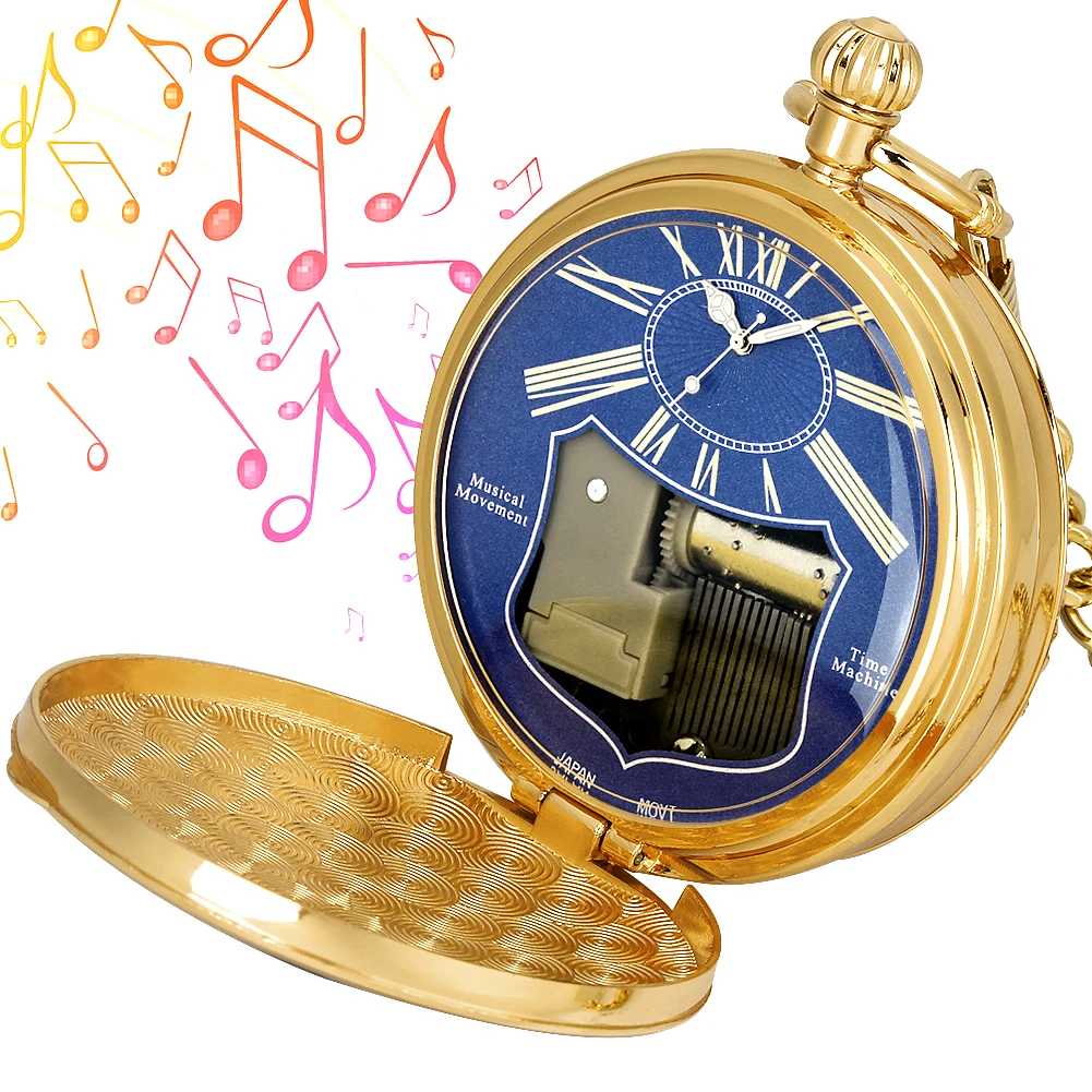 Luxury Golden Music Pocket Watch Black Epoxy Case Quartz Pendant Pocket Watches Musical Movement Hand Crank Playing Music Clocks