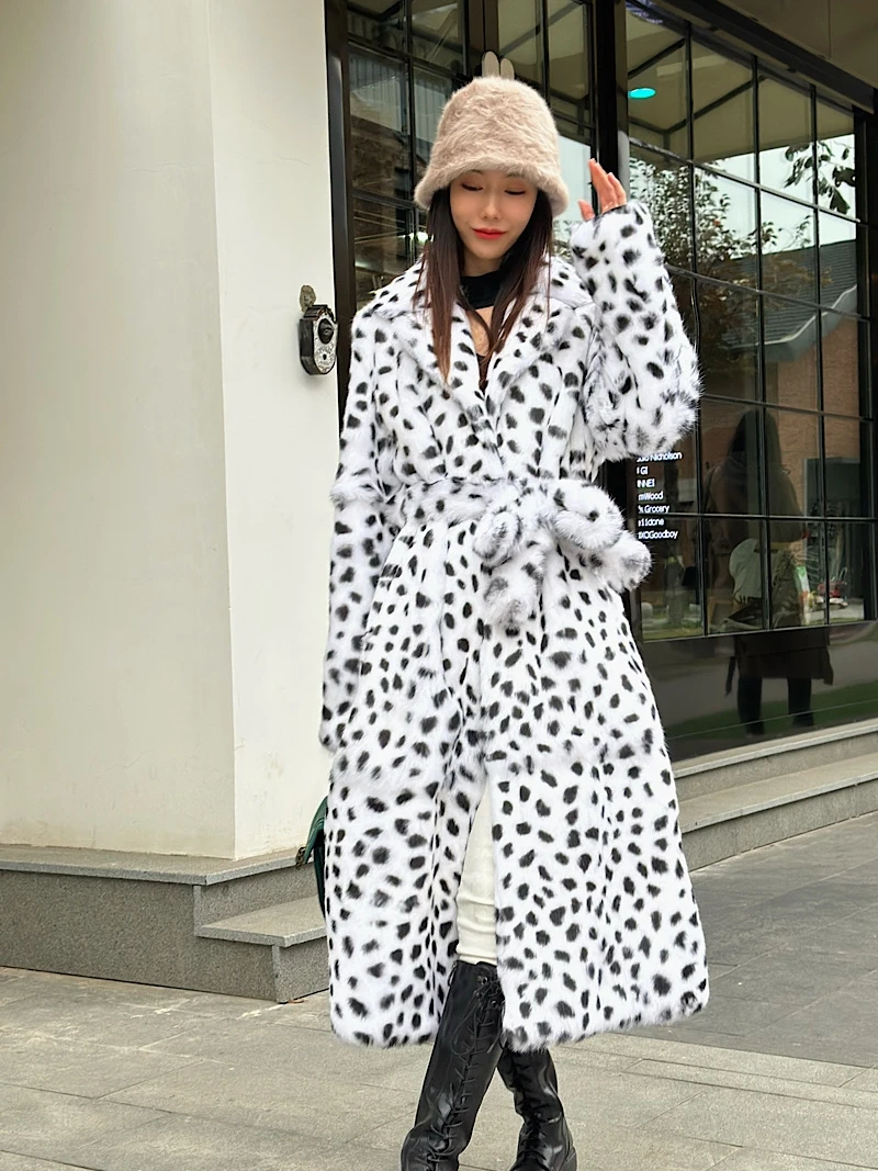 2024 Winter Women Real Fur Coat Natural Rabbit Fur Turn-down Collar Fashion Warm Rabbit Fur Jacket with Belt X-long