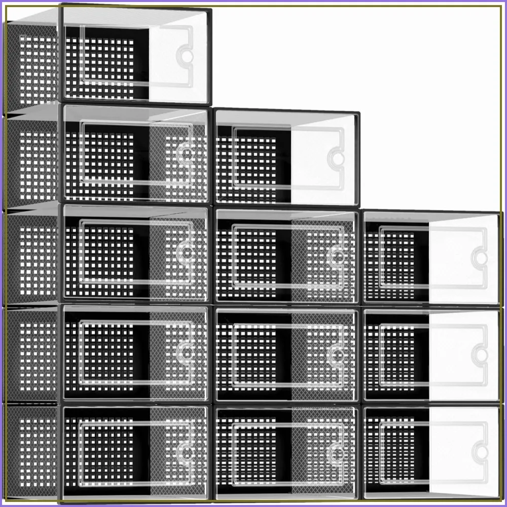 

12 Pack Clear Plastic Stackable Shoe Boxes, Large Storage for Sneakers & Toys, Black