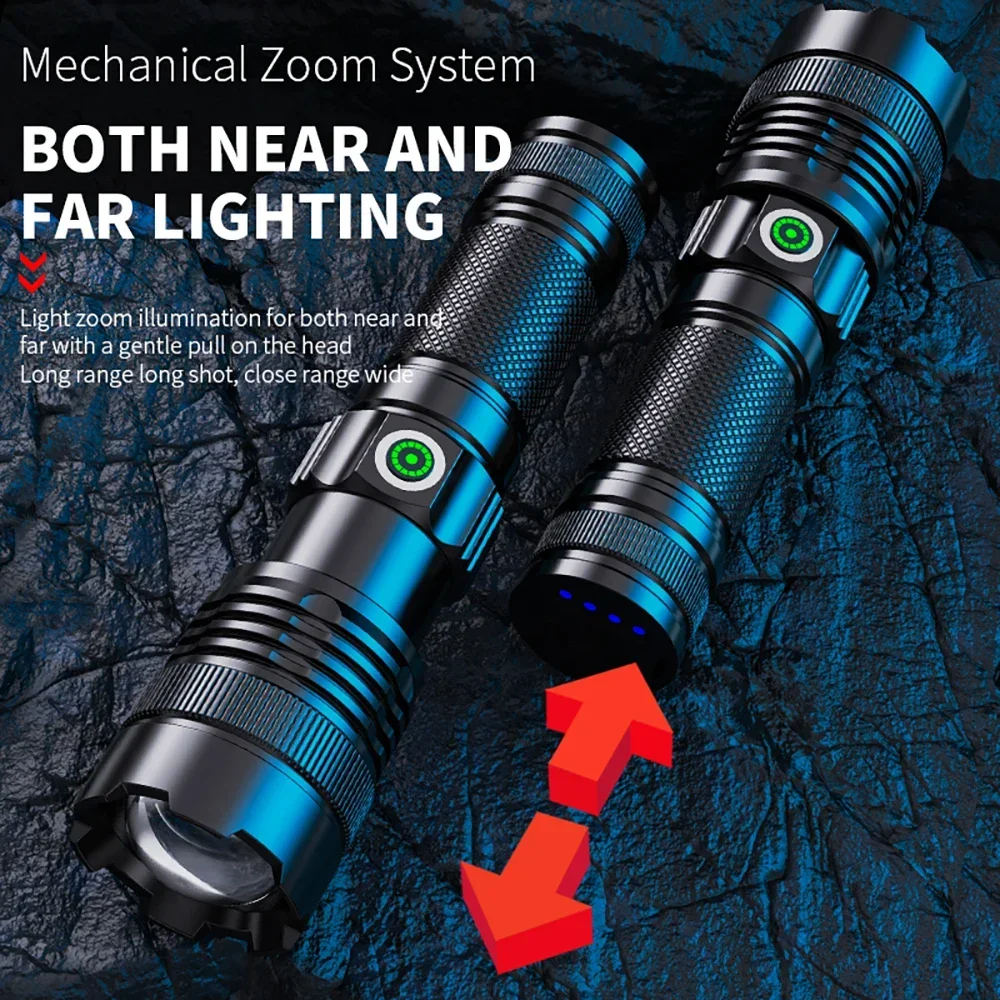 100000 Lumen Super Bright Spotlight Long Range LED Flashlight Built-in Battery USB Charging Waterproof Portable Camping Torch