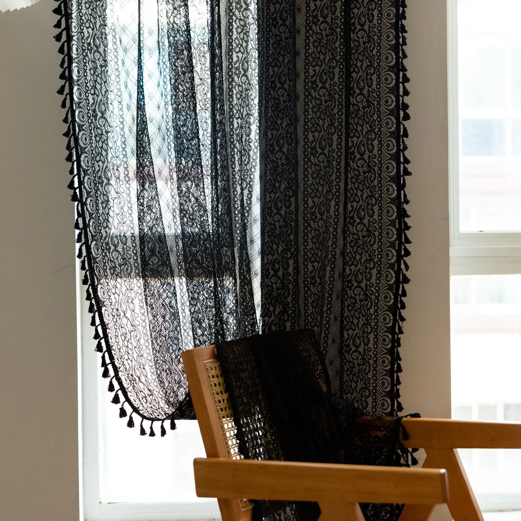 Boho Curtains Geometric Semi-Sheer Hollow Out Knitted Curtain for Living Room,Vintage Bohemian Light Filtering Rod Pocket Drapes