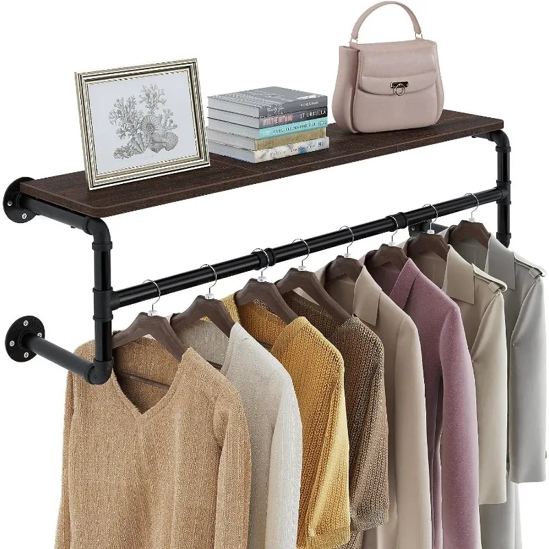 Clothes Rack with Top Shelf, 41in Industrial Pipe Wall Mounted Garment Rack, Space-Saving Display Hanging Clothes Rack