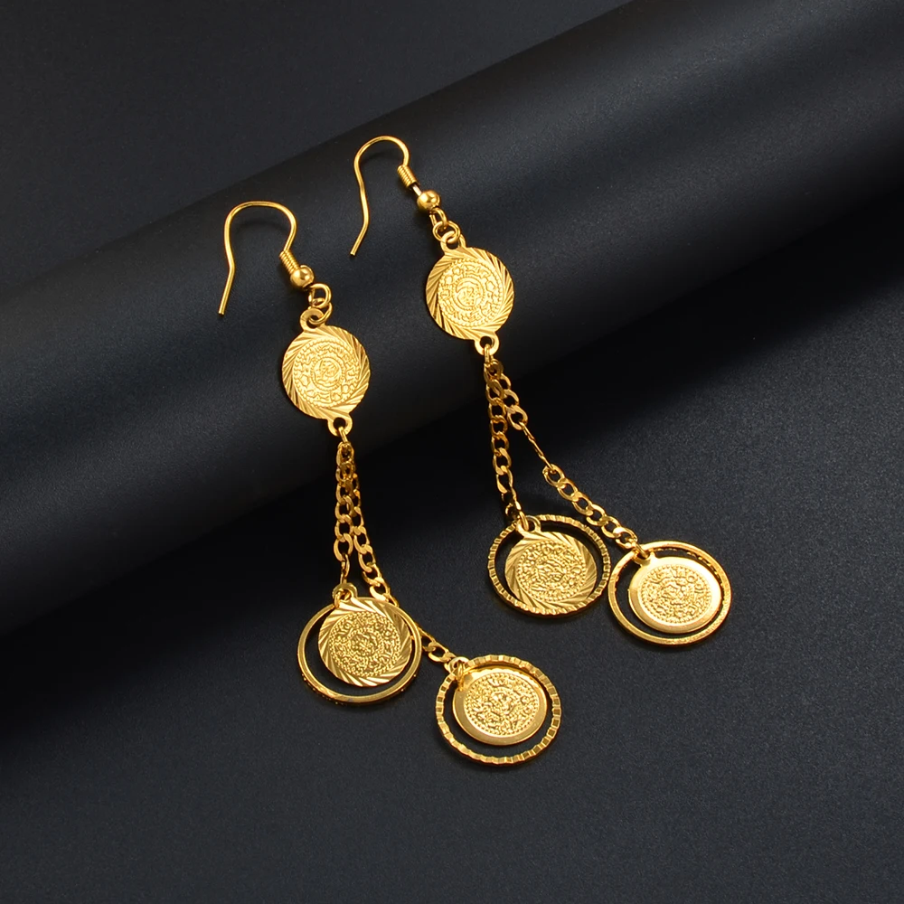 Anniyo Wholesale Coin Money Sign Gold Color Drop Earrings Ancient Coins Muslim Jewelry Women,Islamic Middle East #160606