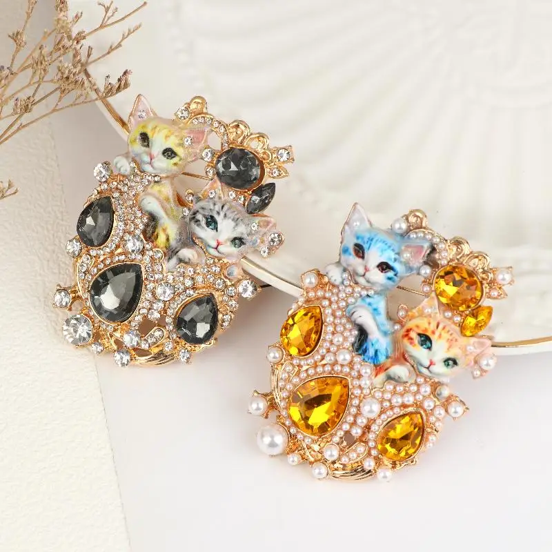 مجموعة بروش مجوهرات باروكية عتيقة مع تصميم قطة مزدوجة للنساء، زينة أنيقة من حجر الراين، ملابس يومية مثالية أو هدية