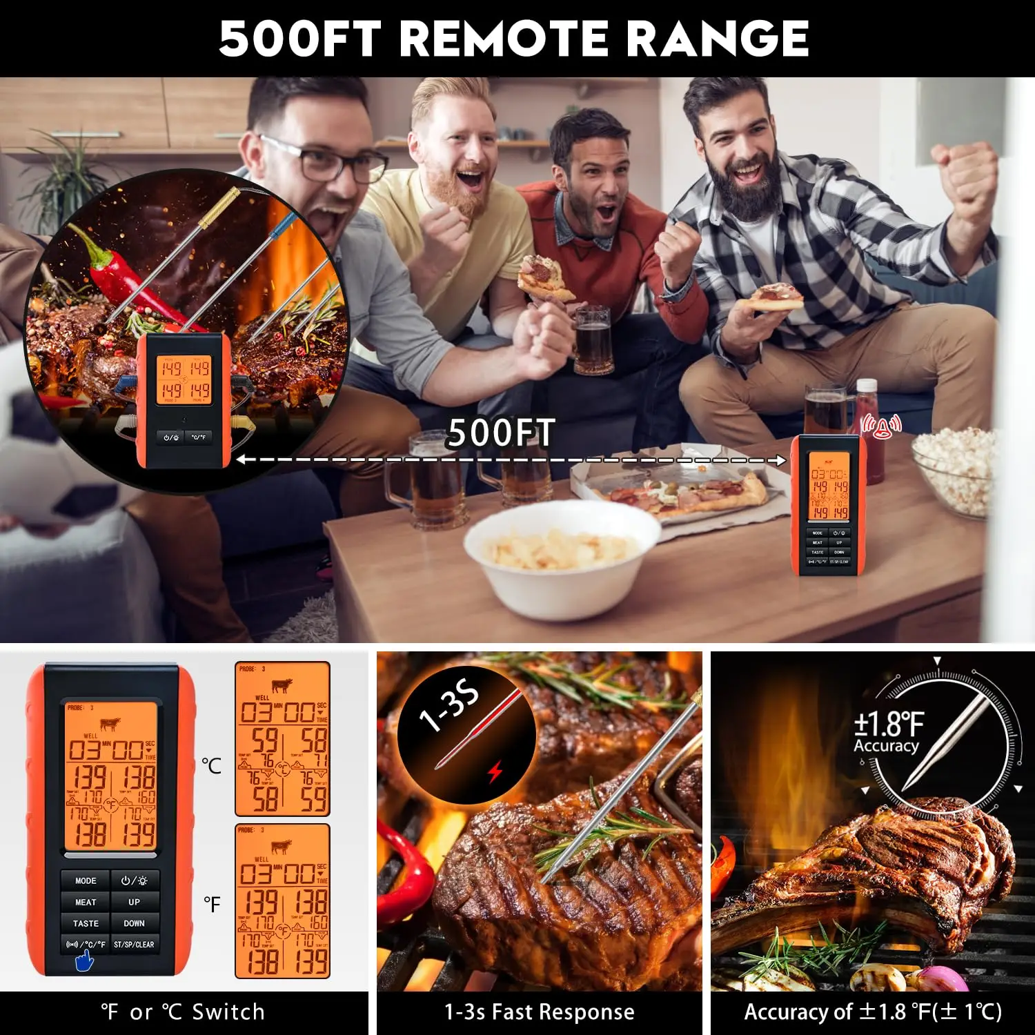 Wireless Meat Thermometer with 4 Probes for Grilling, Smoking, BBQ & Oven Cooking