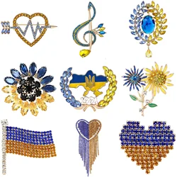 Rhinestone Ukraine National Emblem Brooches for Women Unisex Enamel Botanical Pins Event Party Decoration Clothes Accessories