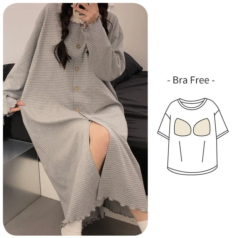 

Striped Women Nightgown Long Sleeve Sleepwear Korean Night Dress Lace Nightwear Autumn One Piece Pajamas Sleeping Home Wear 2025