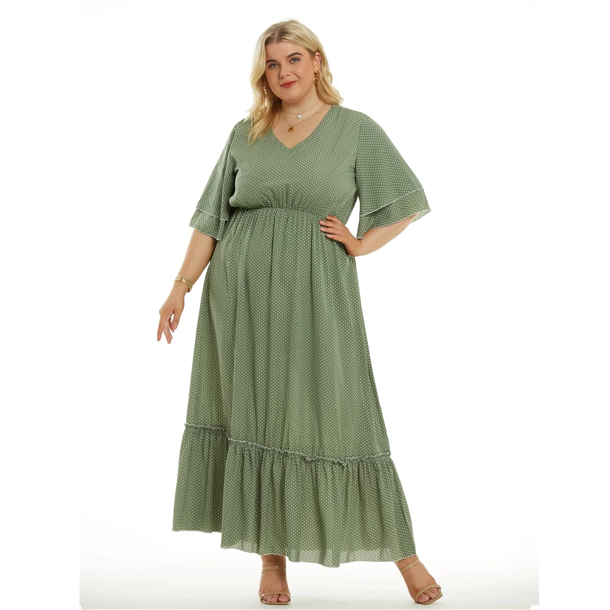 Plus Size New Arrival Fashional V dekolt pół rękawa zielony kolor w stylu Casual, letnia długie sukienki w stylu boho dla dużych kobiet