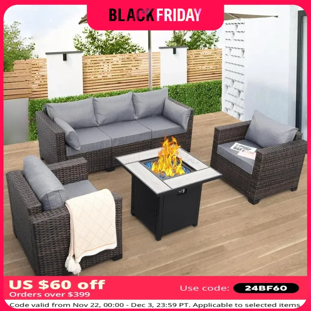 Outdoor Fire Pit Table NonSlip and Washable Gray Cushion, Patio Rattan Furniture Set 4Piece Outdoor PE Wicker Conversation Couch