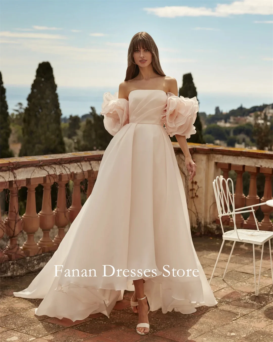 

SONDR Customized Strapless Satin Organza Wedding Dresses Elegant Ruffles Sleeves Korea Brides Gowns Women Bridal Dresses