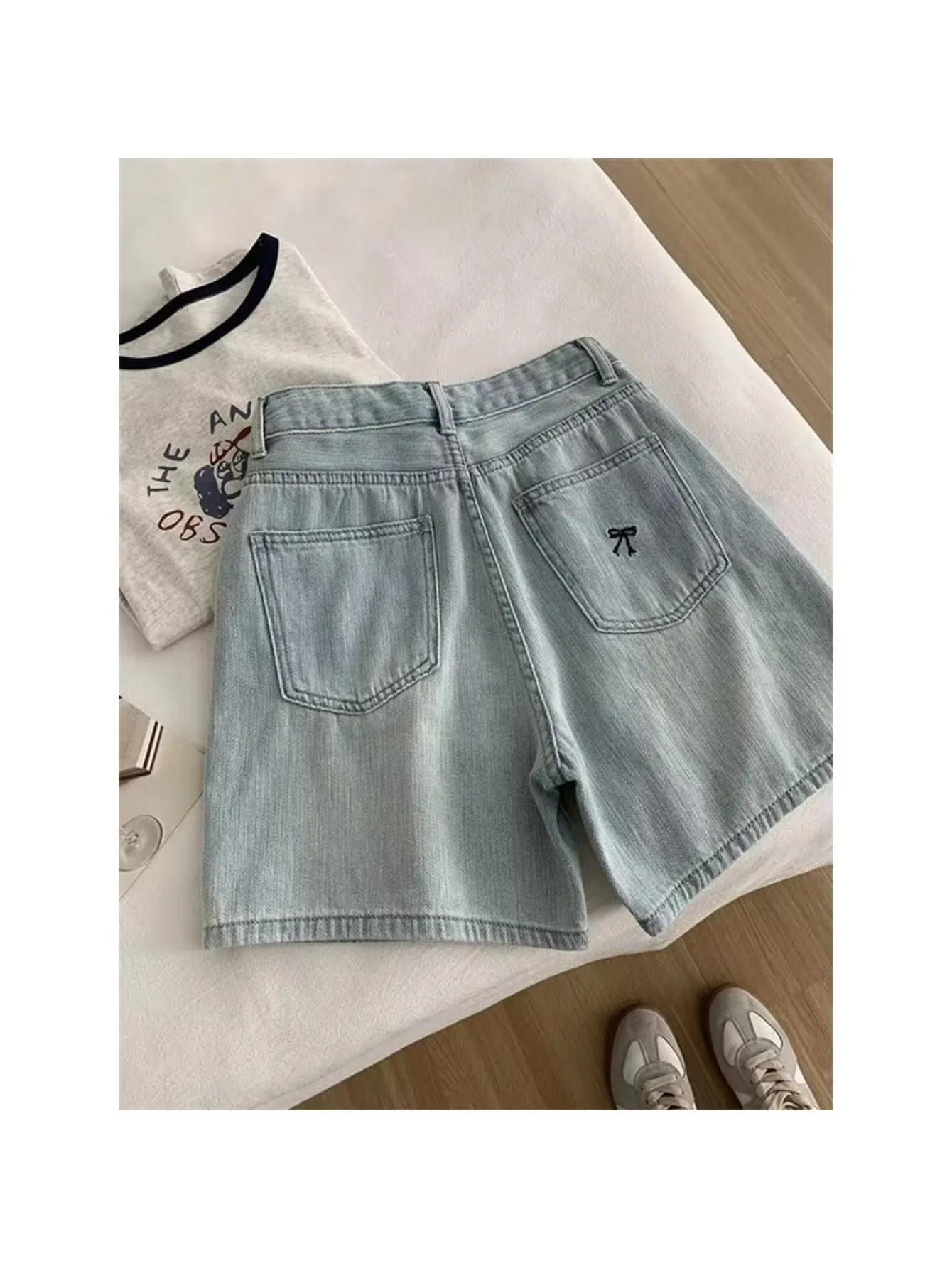 

Women Light Blue Bow Denim Shorts High Waist Loose Straight Wide Leg Large Size Daily Casual Shorts