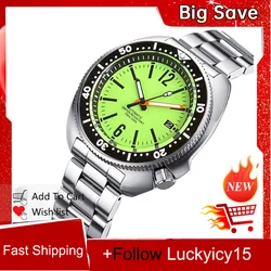 44mm Tandorio Full Lume Green Dial Turtle NH35 Automatic Men Swim Wristwatch 200M Waterproof Sapphire Crystal Date Display