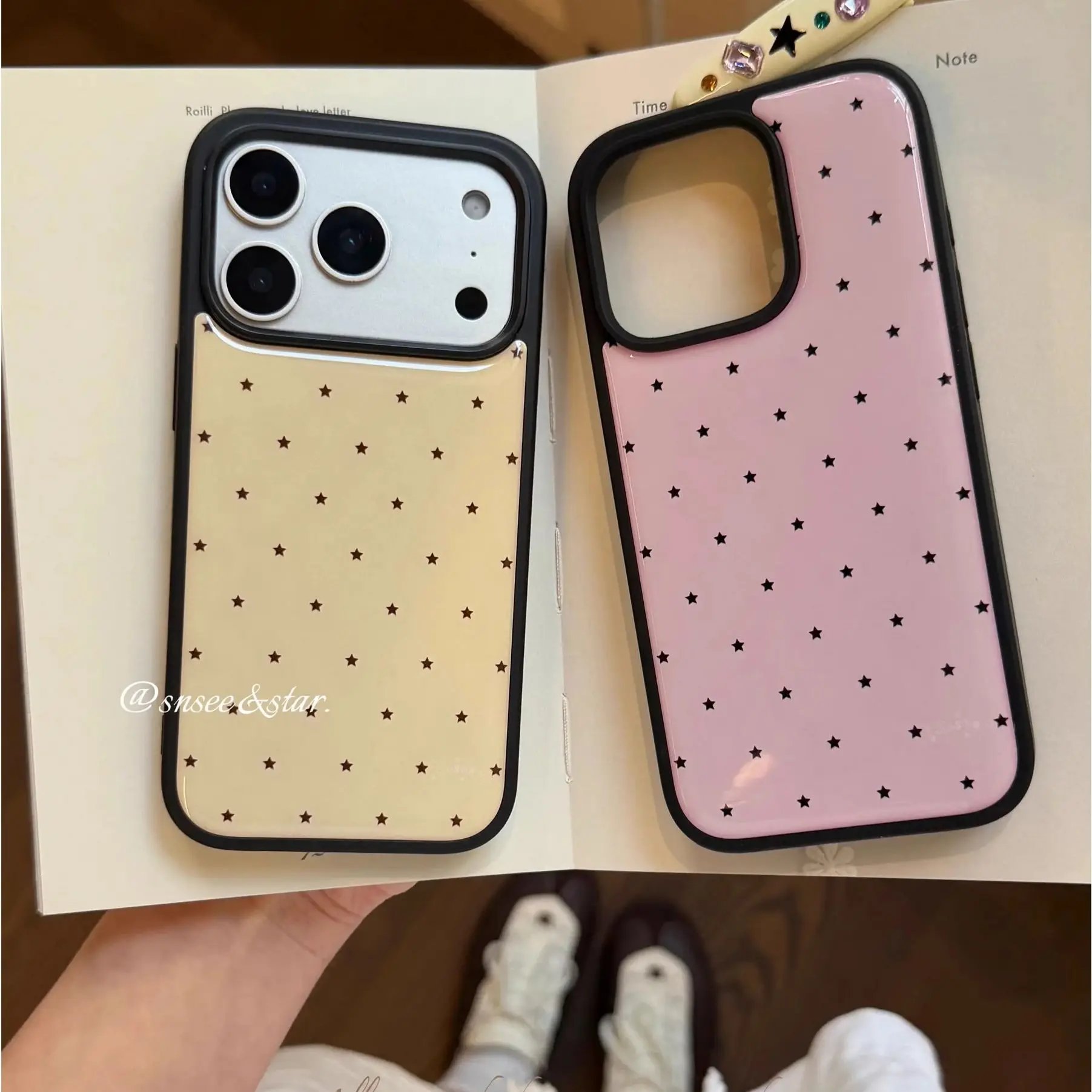 

Korean Ins Luxury Full Screen Stars Pink Yellow Phone Case For iPhone1 7Air 17 16 15 14 13 12 11 Pro Max Plus Y2K Sweet Cover