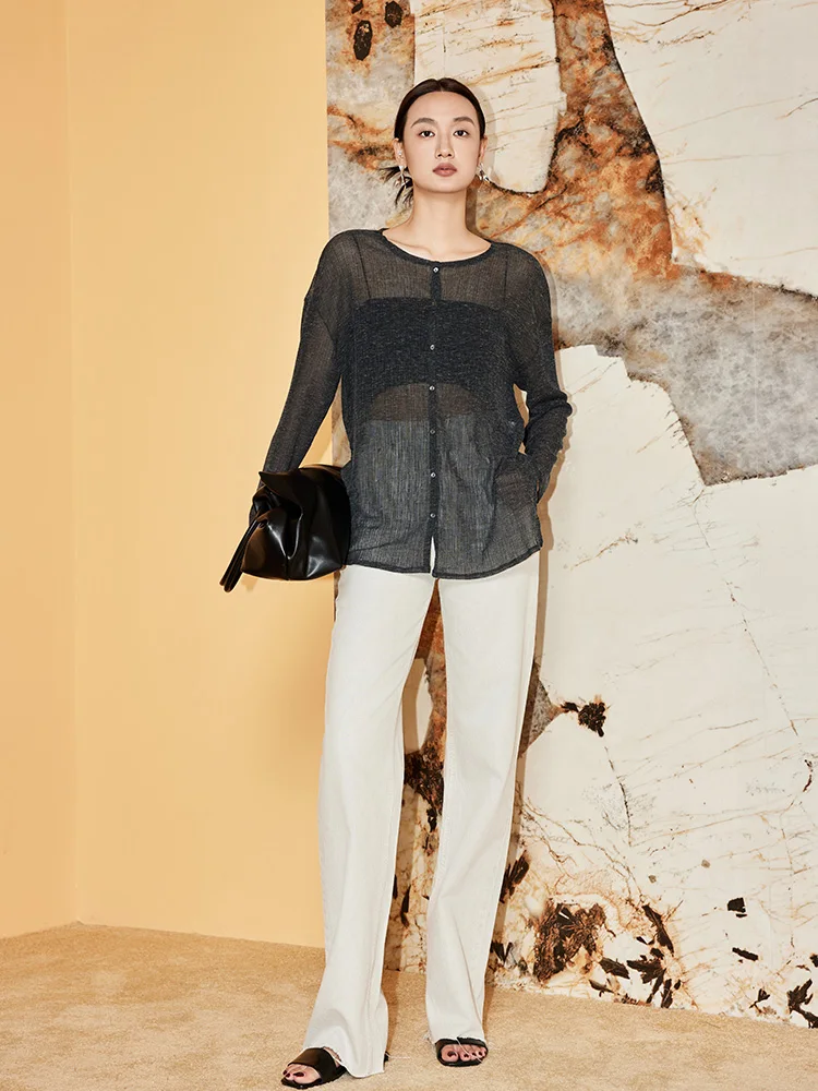 

Cokewei Airy Lightweight Loose Long Sve round Ne Me Cardigan Women's Mis ey Transparent Cover up Commute Sle irt