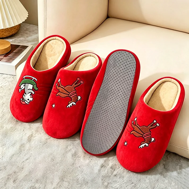 Lightweight Flat Heel Bedroom Slippers Women Winter 2026 Warm Short Plush Indoor Slippers Cute Christmas Couple Home Slides
