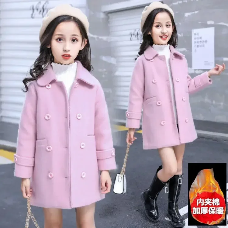 Girls Woolen Coat Jacket Cotton Outwear Windbreak 2024 Lapel Warm Plus Thicken Velvet Winter Autumn Party Children's Clothing