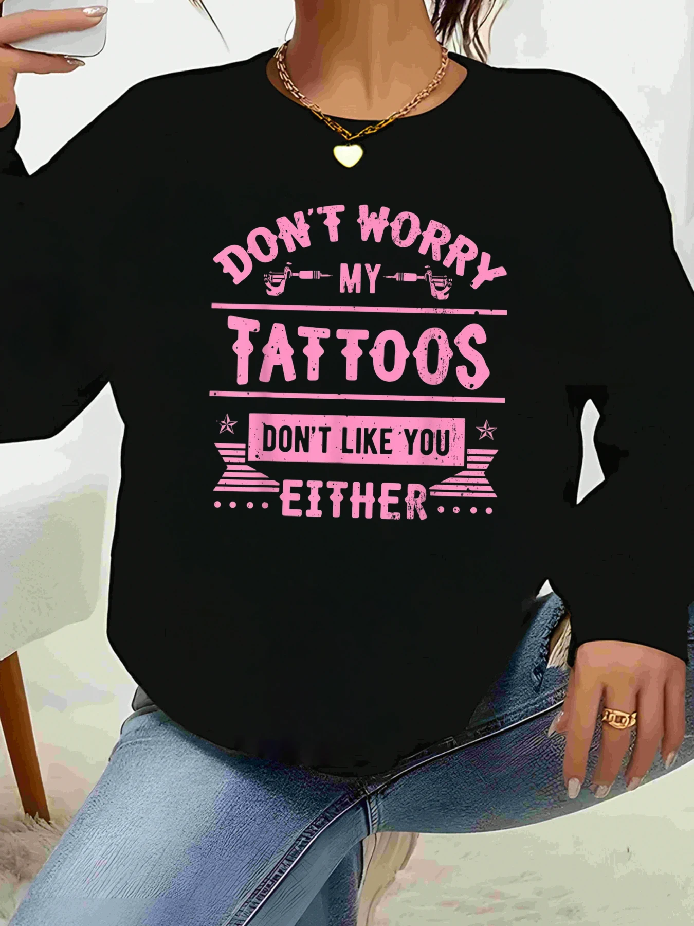 

Tattoo Quote Print Long Sleeve Top Halloween Casual Wear Women
