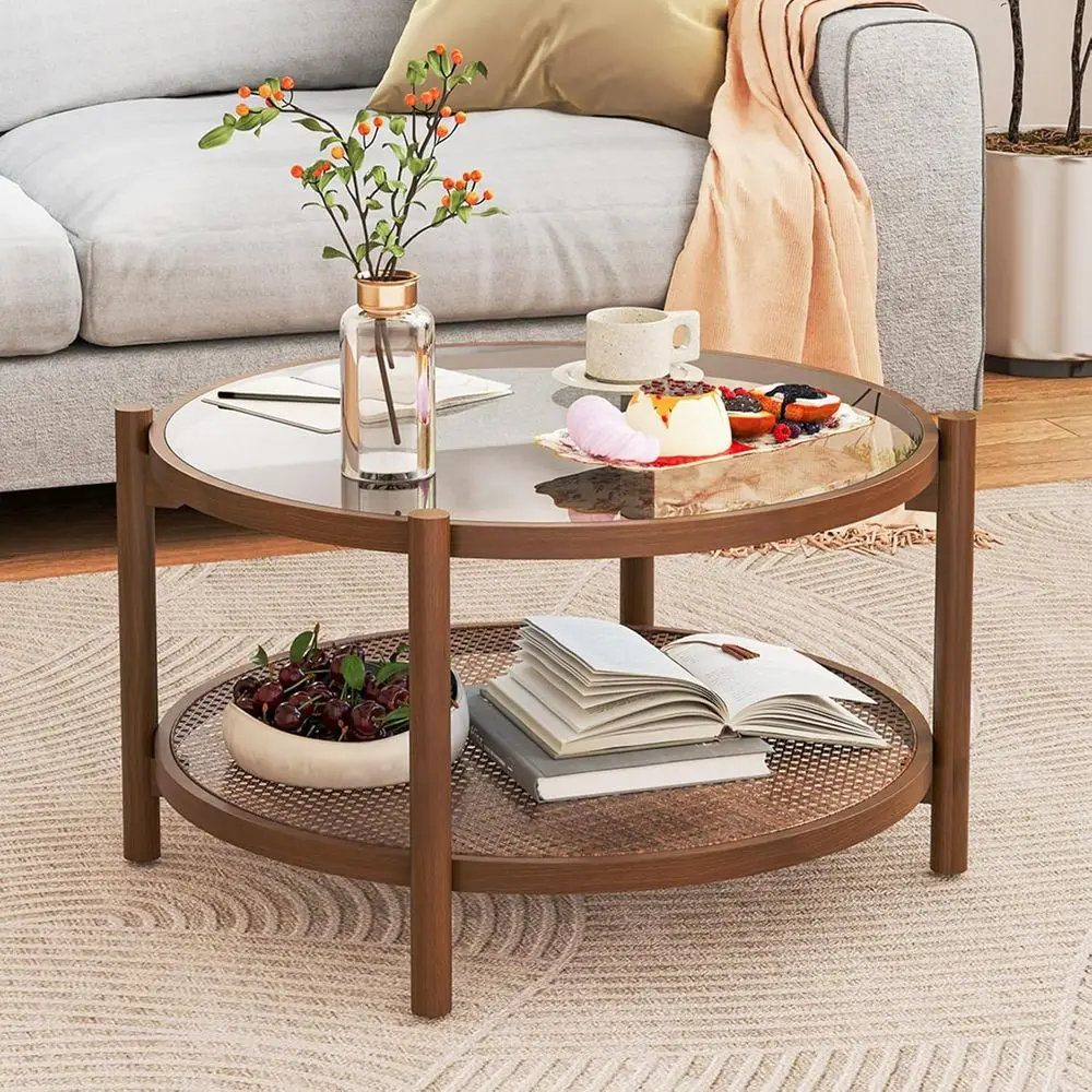 

Coffee Table, Boho Round Glass Tea Table with PE Rattan Storage Shelf & Wood Frame, 2 Tier Accent Center Table for Living Room,