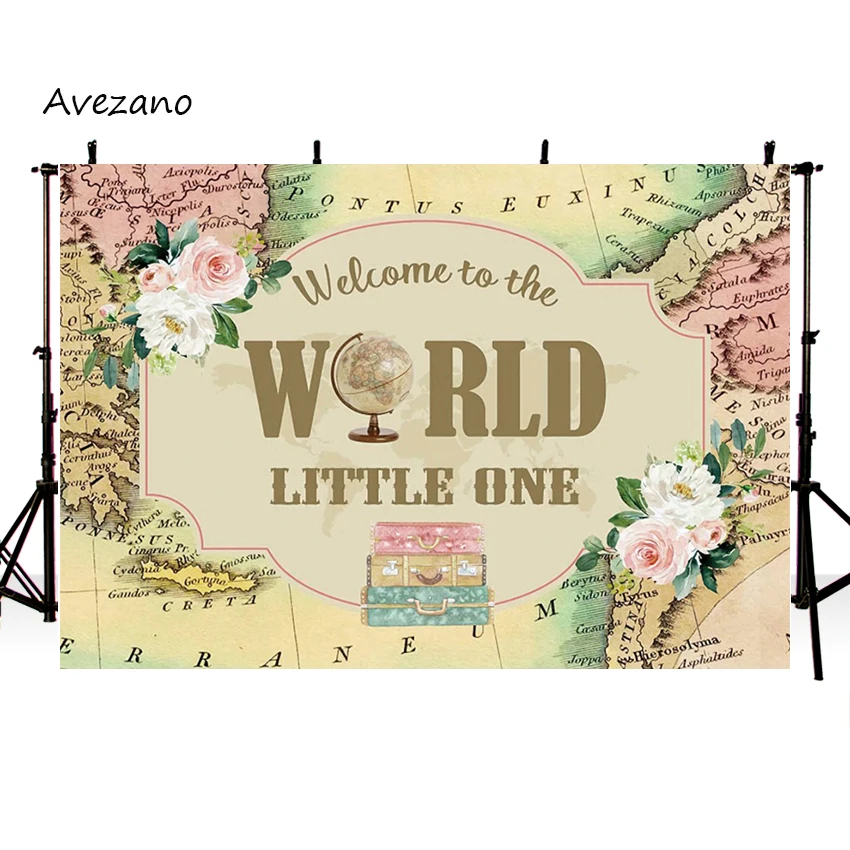 Avezano Hintergrund Fotografie Willkommen zu die Welt Abenteuer Reise Karte Baby 1st Geburtstag Party Hintergrund Foto Studio Decor