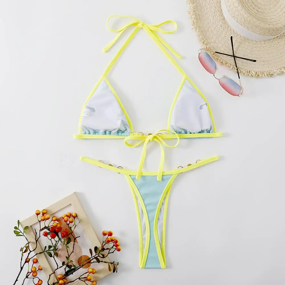 Vrouwen Bikini Set Contrast Kleur Halter Nek Drie-Punt Parel Diepe V-hals Zwemmen Pak Zwemmers Vrouwen Micro Thong bikini