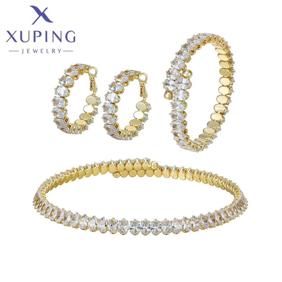 Xuping Jewelry Fashion Charm Elegant Light Gold Color Hoop Earring Necklace Bangle Set for Women Wedding Party Gift S-569