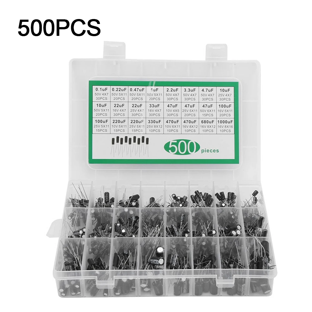 500Pcs 16V-50V 0.1uF-1000uF Aluminum Electrolytic Capacitor Assorted Kit Box Electrolytic Capacitor 24 Specifications