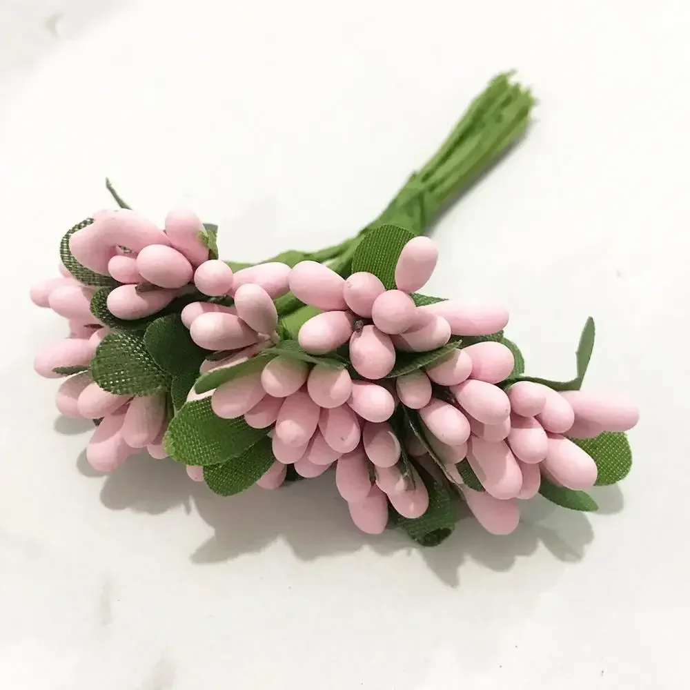 6/8/10/12/24/200pcs Pink Hybrid Flower Cherry Stamen Berries Bundle DIY Cake Christmas Wedding Gift Box Wreaths Decor