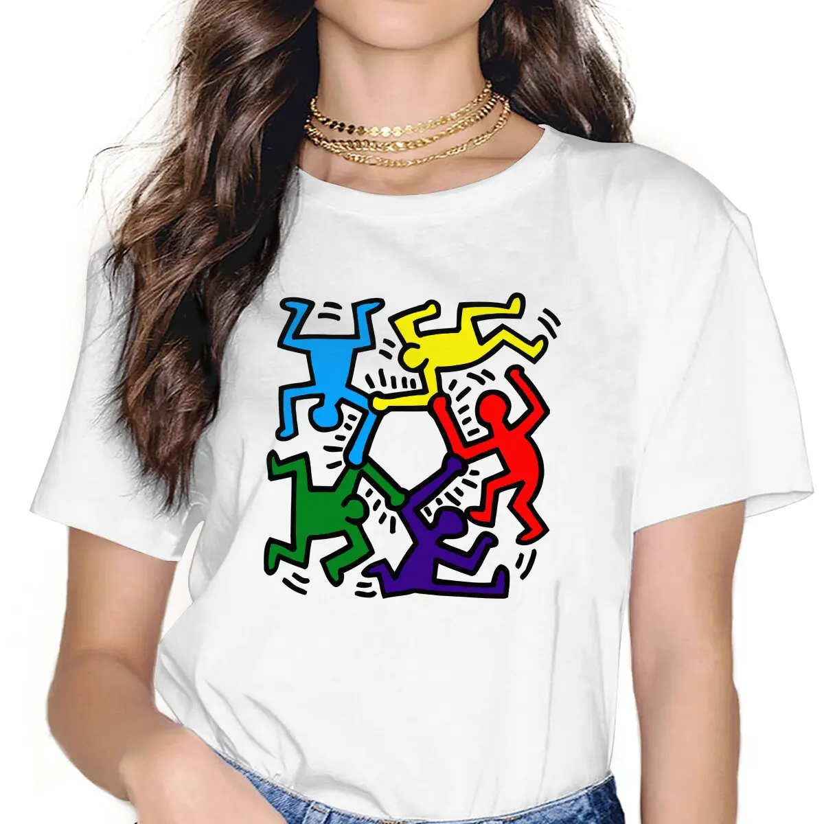 Haring Geometric Graffiti Classic Colorful T Shirt Harajuku Alternative Women's Polyester Tshirt O-Neck