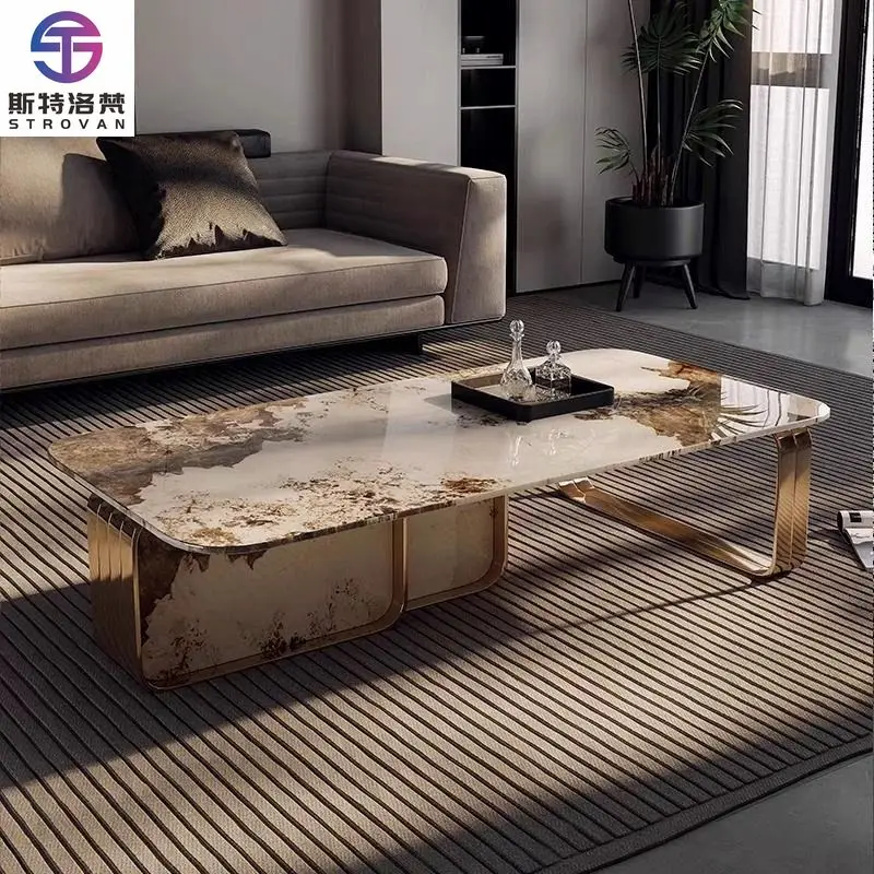 

Modern Sintered Stone Top Coffee Table - Gold Metal Frame Living Room Center Table for Luxury Home Decor