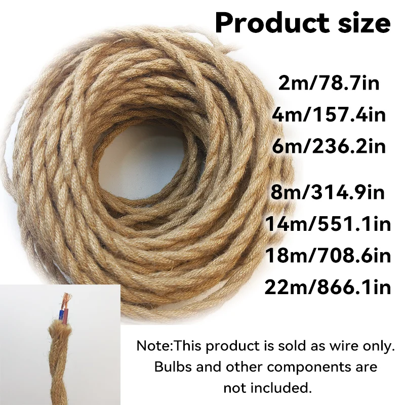 Electrical Cord, Natural Jute Rope Twisted Wire, Vintage Lamp Cord, DIY Pendant, 2 Core, Industrial