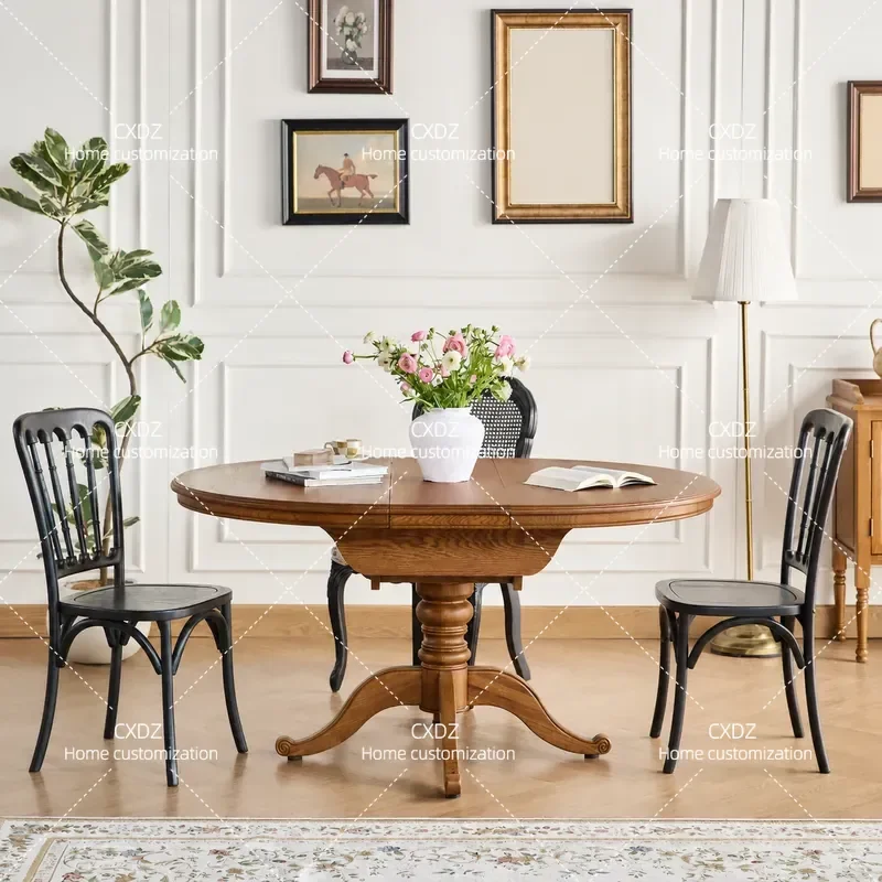 Rural All Solid Wood Retractable Dining Table Household Retro Oak Round Table for Small and Medium Sized Apartment Living