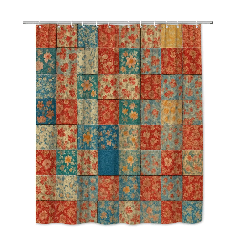 Retro Patchwork Floral Shower Curtain Vintage Color Blocks with Flowers Boho Style Bathroom Decor Waterproof Quick Setup