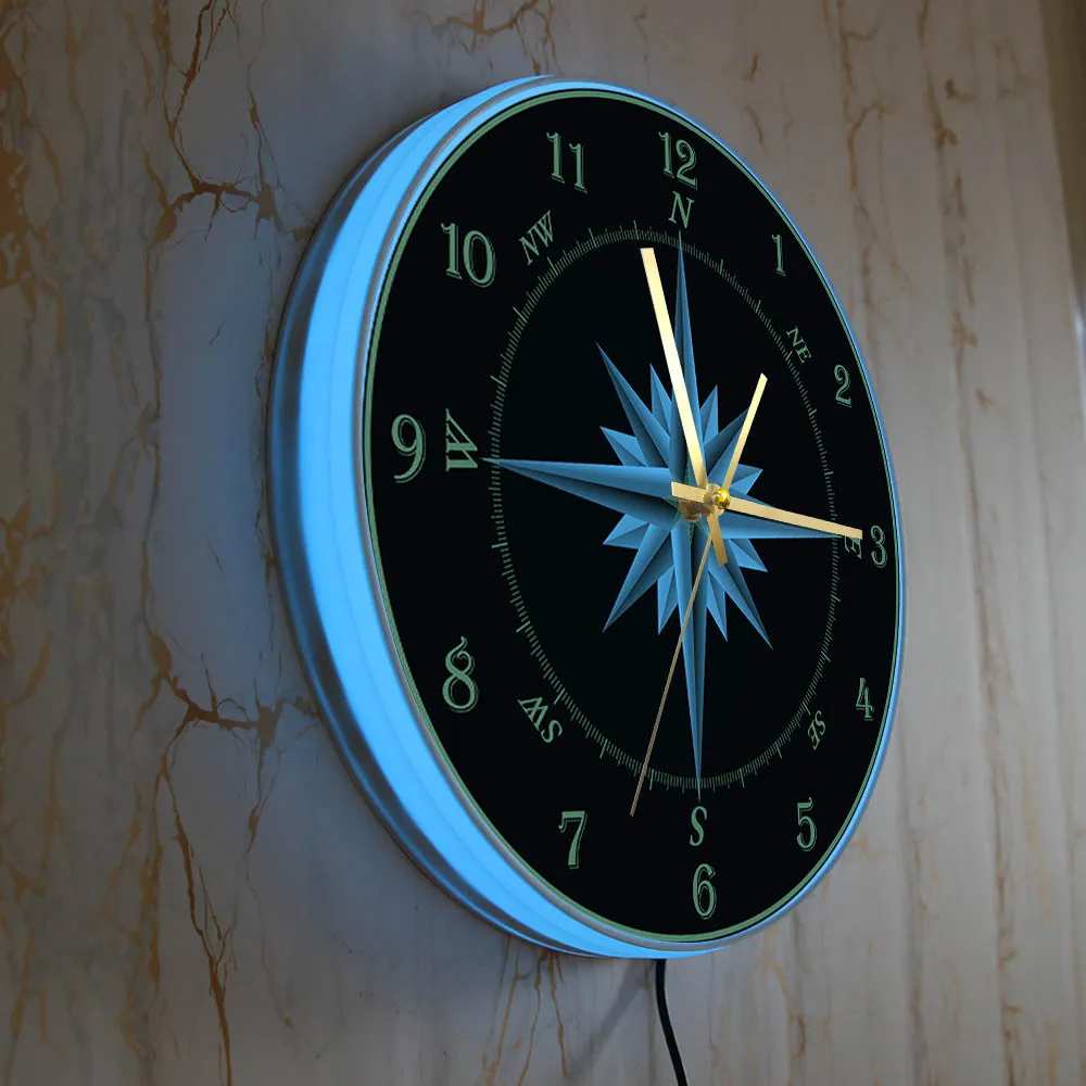 Compass 3D Printing Wall Clock With Backlight Mariner Compbum Wind Rose Navigation Nautical Sailor Home Decor Glowing LED Watch