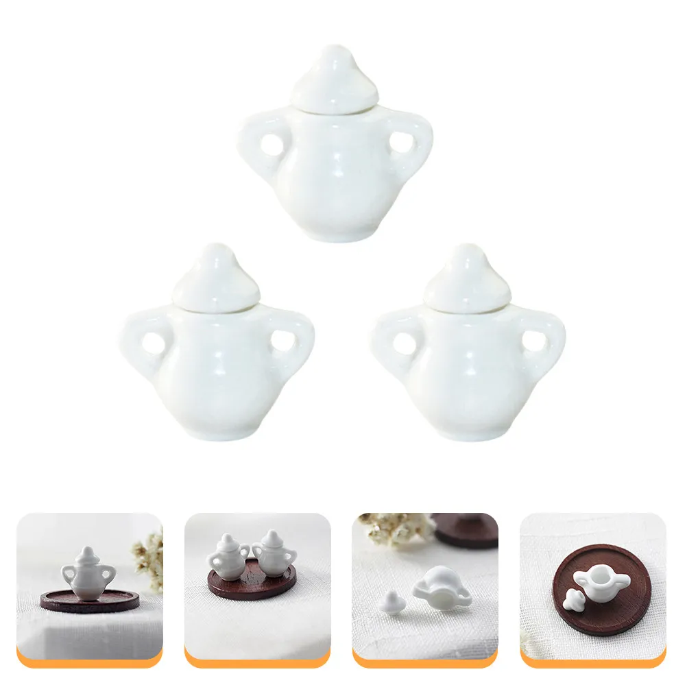 

3Pcs Mini Porcelain Sugar Bowls White Ceramic Tea Jugs Dollhouse Kitchen Decor Miniature Sugar Pot Models Photography Props