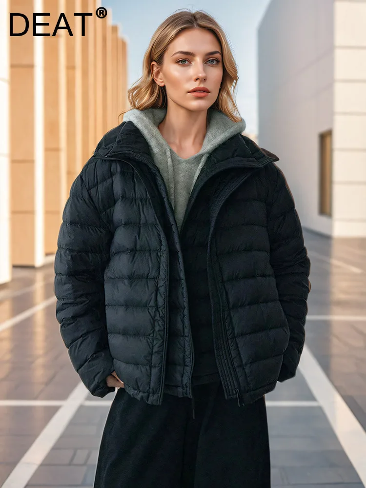 DEAT Fashion Women's Quilted Coat Stand Neck Loose Zipper Black Thick Warm 90 White Duck Down Jacket Winter 2024 New 7AB5184