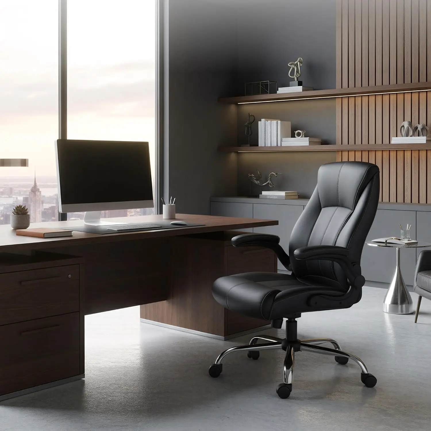 Wide Seat High Back PU Leather Office Chair with Flip-Up Armrests & Rocking Function, Smooth Wheels for Home Office, Customized