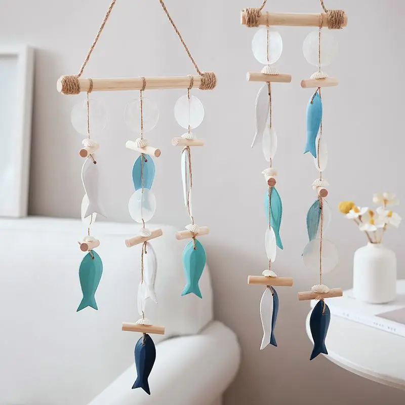 Home Living Room Wall Decorations Fish String Shell Pendant Wooden Hemp Rope Handmade Wind Chime Nordic Wall Home Decor LI751
