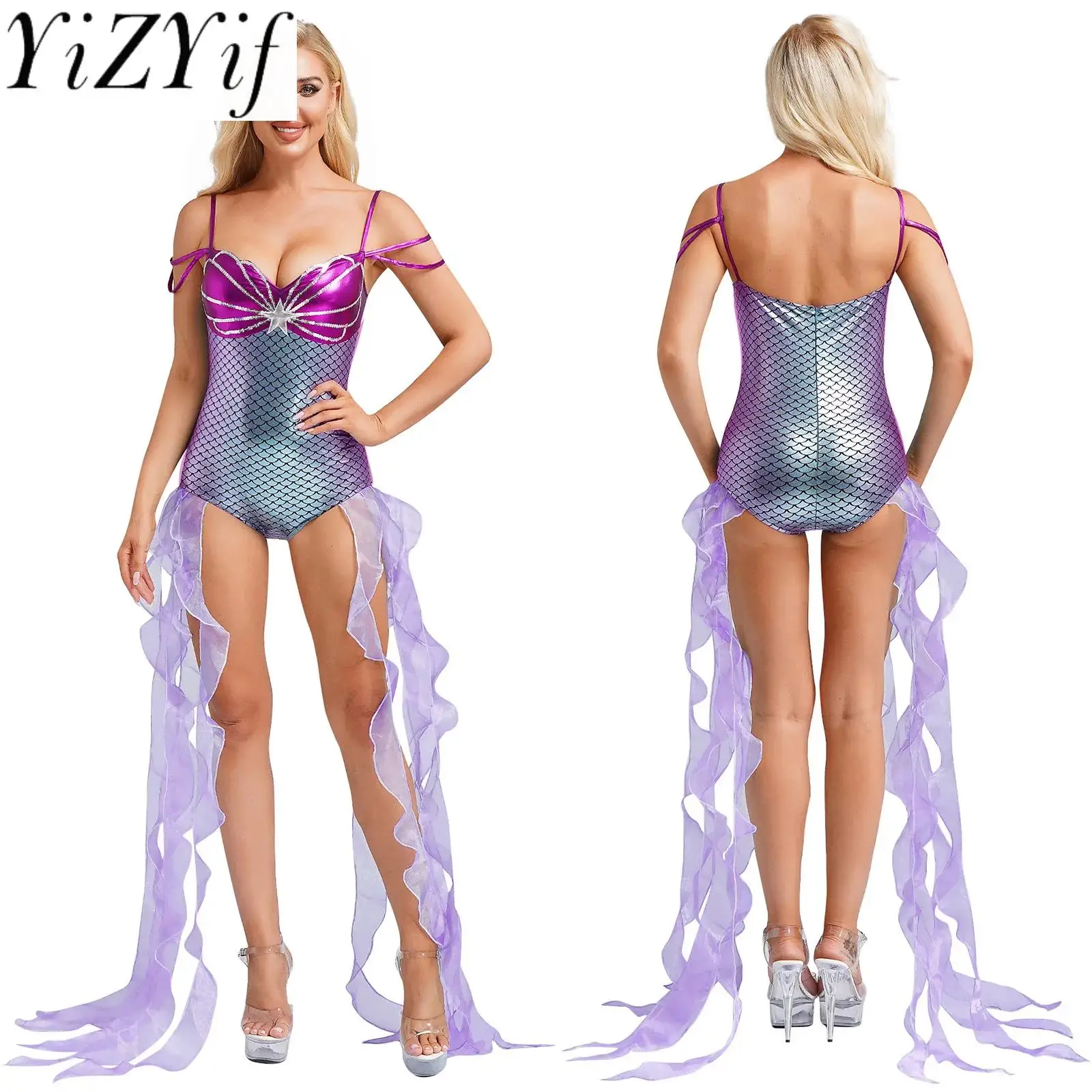 

Women Halloween Fish Scales Printed Siren Mermaid Cosplay Costume Sequins Bodysuit with Ruffle Ribbons Carnival Party Beachwear