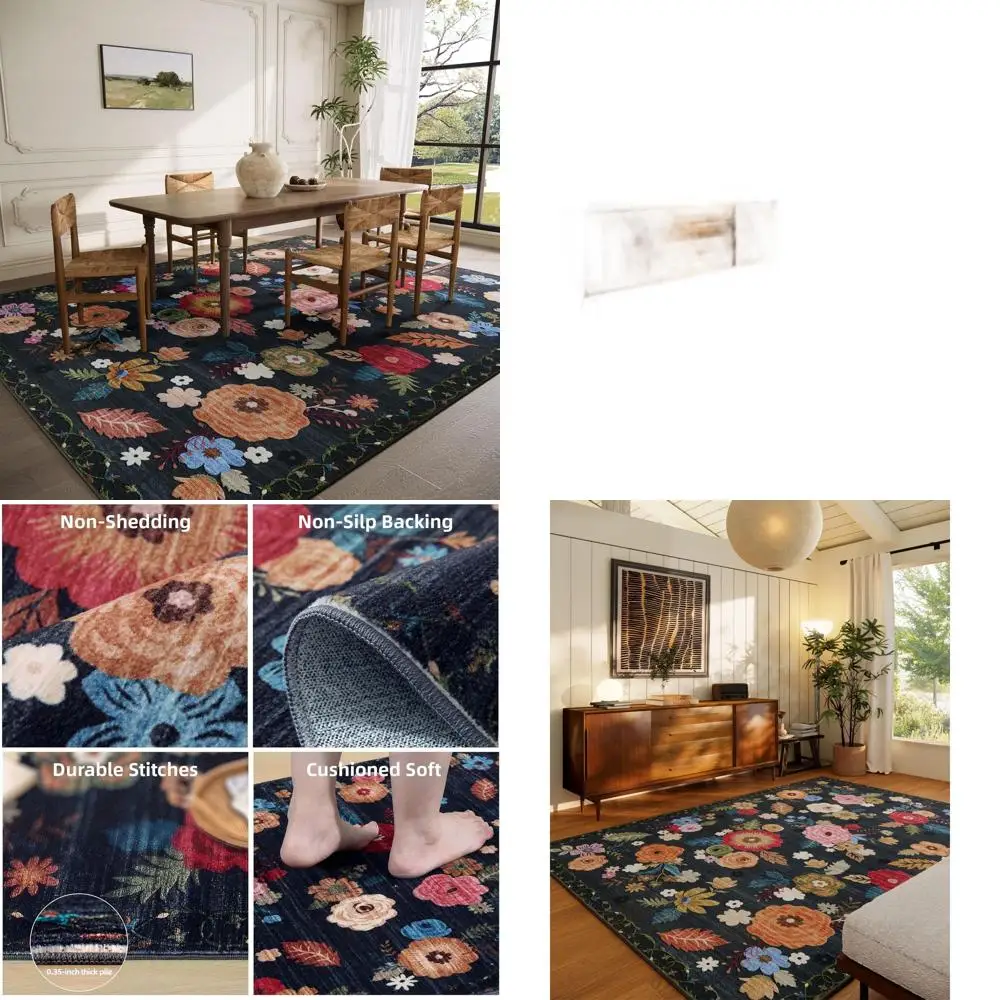 

5x7' Floral Vintage Rug, Stain Resistant, Non-Slip, Soft Faux Wool for Living Room, Dining, and More