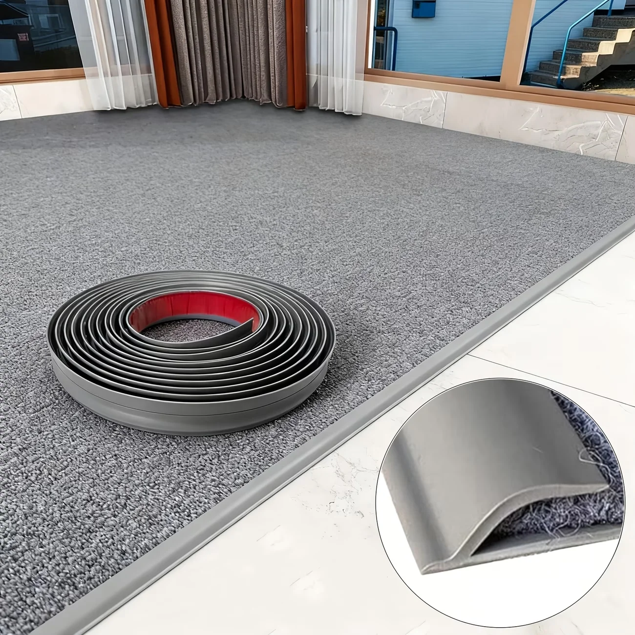 1M Self‑Adhesive Carpet Edge Trim, PVC Transition Strip for Carpet to Tile, Door & Outdoor Use, Smooth Carpet Finishing