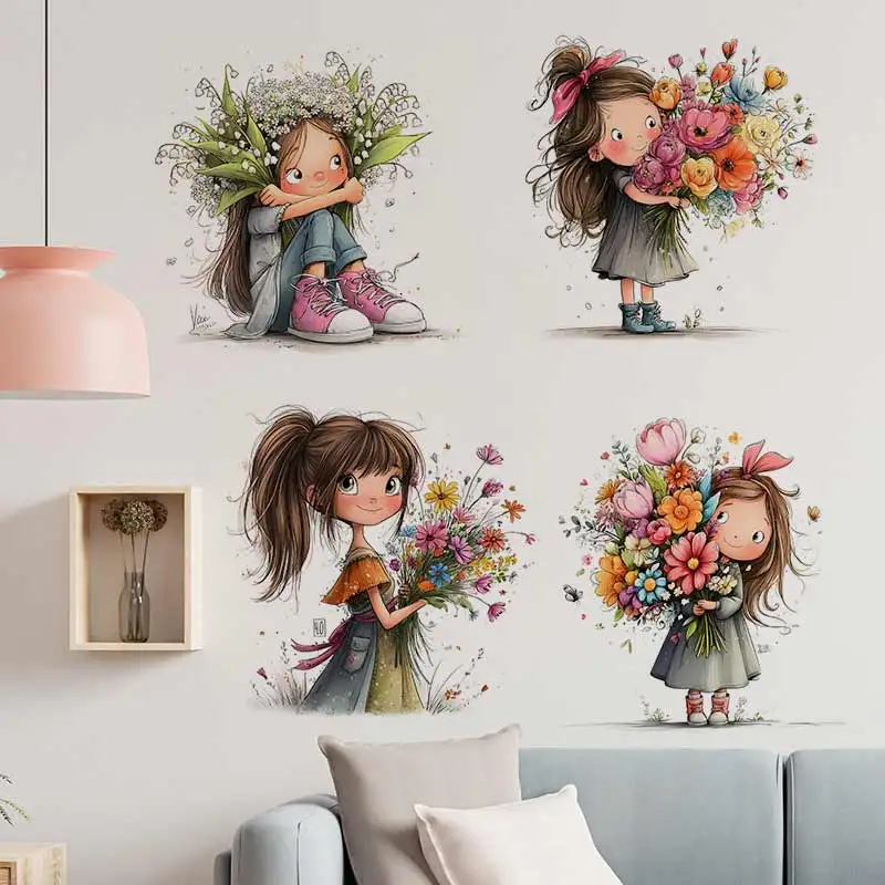 Whimsical Girl with Flowers Wall Sticker Toilet Stickers Bedroom Entrance Living Room Porch Home Decora Waterproof Decals M1568