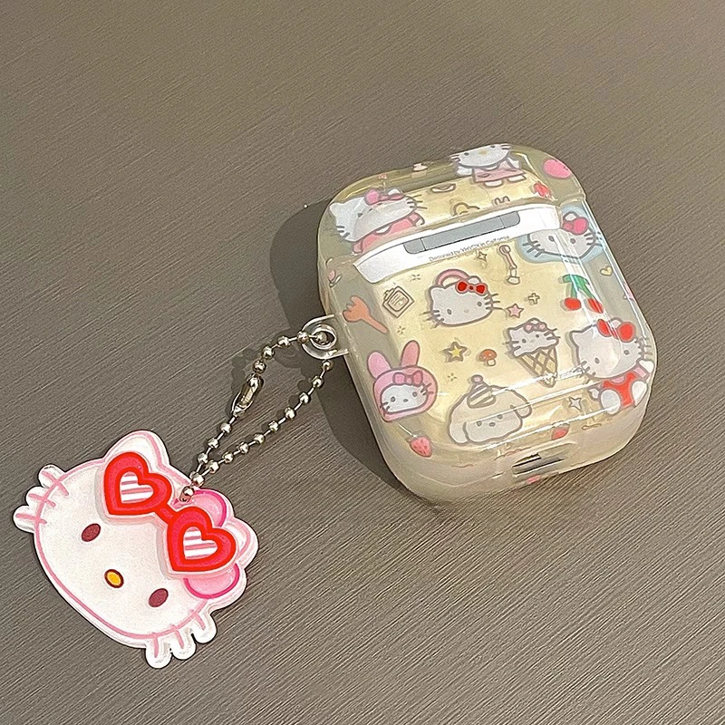 Custodia creativa traslucida Kawaii Hello Kitty per AirPods 3 2 1 Pro Sanrio Anime Accessorio Custodia protettiva alla moda con pendente